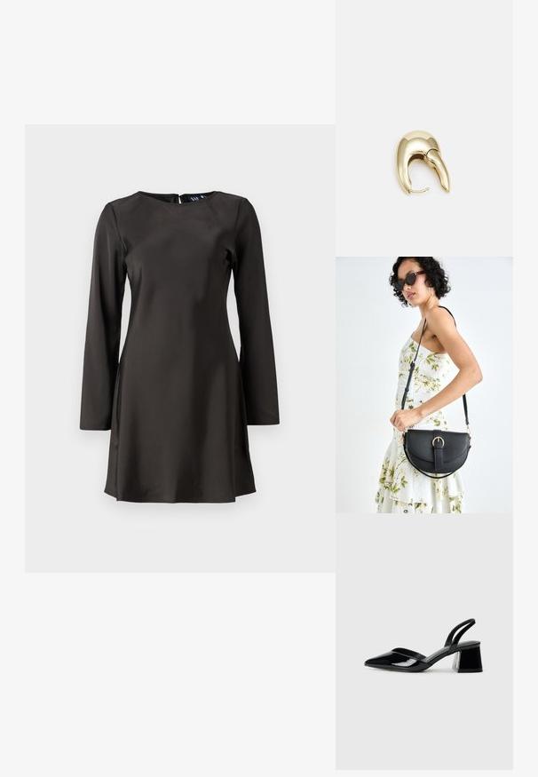 Svart langermet kjole med rund hals, glatt stoff, A-linjete form, midilengde og en liten nøkkelhullåpning i ryggen.; Svarte patentlær slingback hæler med spiss tå og geometrisk blokk hæl. Har et stilrent, minimalistisk design og jevn tekstur.; Svart lærveske med en buet form, avtagbar stropp og gullbeslag. Vesken har et klaff med spenne-detall.; Gullfarget metalløredobber med et elegant, buet design. Har en karakteristisk spiss form, polert overflate og hengsel-lukking.