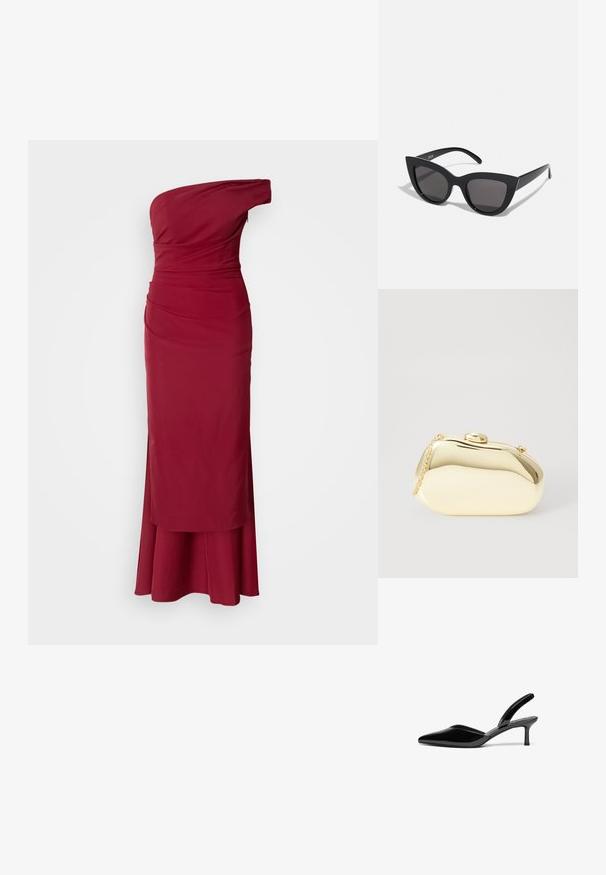Večerní šaty na jedno rameno, burgundské barvy, s nabíraným živůtkem, přiléhavým střihem a rozšířeným lemem. Hladká tkanina s jemným leskem. Zapínání na zip.; Černé lakované kožené lodičky na klínu s špičatou špičkou, nízkým stiletto podpatkem a elegantním, jednoduchým designem bez ozdob.; Černé sluneční brýle ve stylu kočičích očí s matným povrchem, vybavené šedými zabarvenými skly, ostrými liniemi a elegantními bočními rameny. Název značky viditelný na vnitřní straně ramene.; Metalická zlatá kabelka s hladkým, zaobleným tvarem, opatřená horním zapínáním na knoflík a malým řetízkovým popruhem pro nošení.