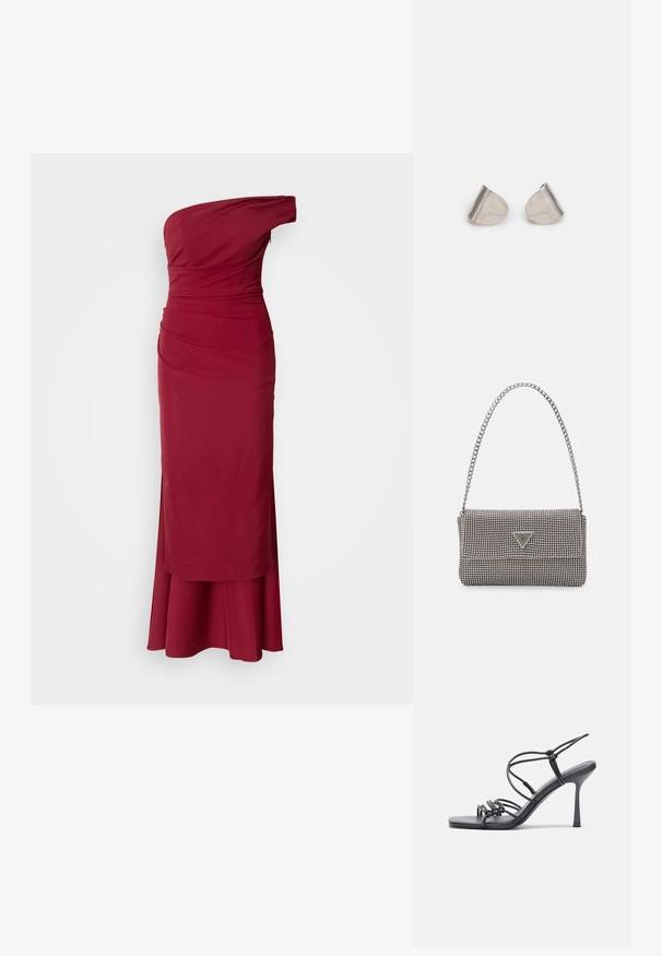 Jednokratna, burgundska večernja haljina s naboranim korzetom, uskim siluetom i raširenim rubom. Glatka tkanina s suptilnim sjajem. Zatvaranje na ra zipper.; Crne sandale na visokoj potpetici imaju tanke trake s čvorastim dizajnom, glatki kvadratni vrh i elegantnu stiletto petu.; Svijetlosivi metalik ruksač s lancem, ukrašen malim okruglim metalnim zakovicama i trokutastim logotipom marke.; Srebrne metalne naušnice s glatkim, oblikom suze i poliranim završetkom. Suptilni utori dodaju detalje. Minimalistički dizajn.