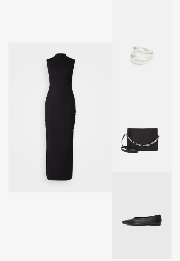 Čierne šaty bez rukávov s vysokým golierom, vyrobené z elastického materiálu. Má predné nariasenie pre textúru, priliehavý strih a dĺžku až k podlahe.; Čierne kožené baletky, špicatý špička, minimalistický dizajn, hladká textúra, nízky podpätok, bez viditeľných prvkov alebo ozdôb.; Čierna kožená crossbody taška s hladkou textúrou, obdĺžnikovým tvarom a kovovým reťazovým detailom na prednej strane. Súčasťou je nastaviteľný popruh.; Strieborný prsteň s dvojitým pásikom s hladkým, lesklým povrchom. Má plynulý, zakrivený dizajn s prekryvajúcimi sa časťami pre moderný vzhľad.