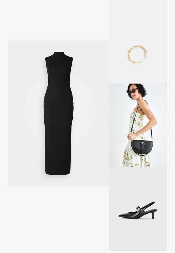 Črna brezrokavna obleka s visokim ovratnikom, izdelana iz raztegljivega materiala. Ima gubanine po straneh za teksturo, prilegajočo silhueto in dolžino do tal.; Črne patent usnjene slingback pete s koničastim nosom in majhnim blok peto, ki vključujejo srebrno zaponko na traku.; Črna usnjena torbica s ukrivljeno obliko, z odstranljivo naramnico in zlatimi dodatki. Torbica ima pokrov s podrobnostmi v obliki zaponke.; Zlati prstan s organskim, zvitim dizajnom, gladko površino in taperiranimi konci, ki ustvarja modernega, skulpturalnega videza.