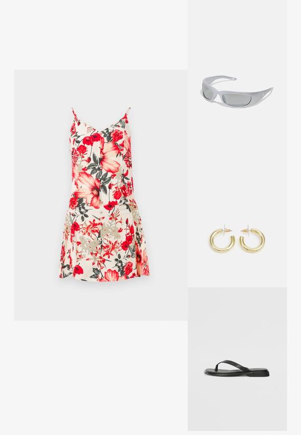 Gėlėta be rankovių suknelė su didelėmis raudonomis ir geltonomis gėlėmis ant šviesiai persikinio fono, su prigludusia liemene ir platėjančia sijonu.; Juodos šlepetės, pagamintos iš lygios odos, su plona dirželių konstrukcija ir plokščiu padu, turinčiu minimalų profilį. Be pastebimų raštų ar akcentų.; Akiniai nuo saulės su elegantišku, pilku plastiko rėmu, išlenktu dizainu ir pilkai tonuotais objektyvais. Išskirtinė detalė - logotipas ant vienos šakės.; Aukso auskarai su lygiu, blizgiu paviršiumi. Apvalus dizainas su maža užrakto dalimi ir skaidria atrama saugiam nešiojimui.