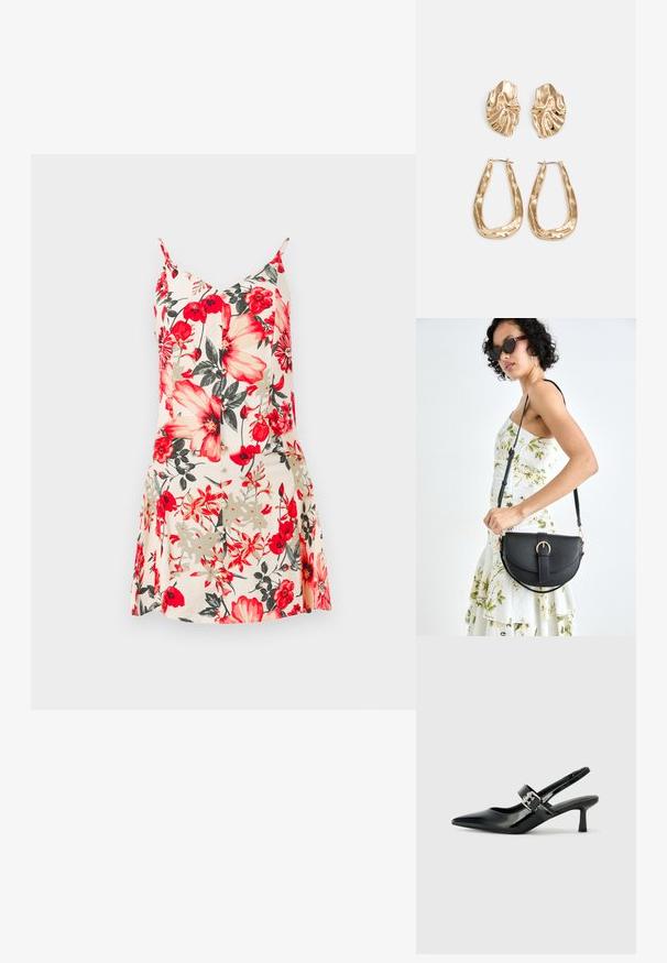 Lilledega ilma varrukateta kleit, millel on suured punased ja kollased lilled heleda virsiku taustal, sobitatud torsoga ja laieneva seeliku osaga.; Mustad patenteeritud nahast sildiga kontsad, millel on terav nina ja väike plokk-konts, mille rihmal on hõbedane pandla aksessuaar.; Mustmust mustraha kõverate joontega, eemaldatava rihmaga ja kuldsete detailidega. Kotil on klapp, millel on pandladetail.; Kuldse värvi kõrvarõngad, mis on kaunistatud tekstuursete ja laineliste kujunditega. Komplektis on skulpturaalsed klamber kõrvarõngad ja avatud rõngasdisain, millel on lõhestatud viimistlus.