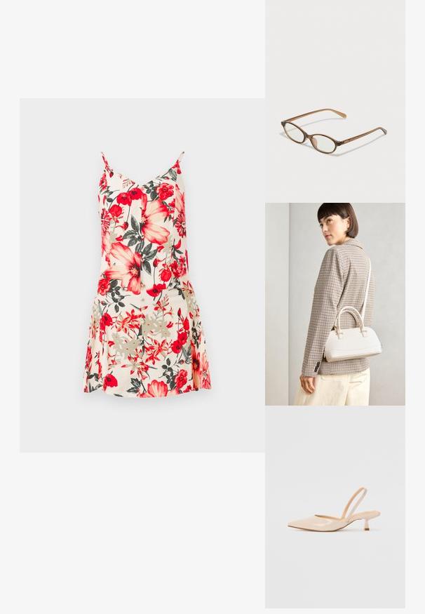 Vestido sin mangas con flores grandes rojas y amarillas sobre un fondo melocotón claro, con un cuerpo ajustado y una falda acampanada.; Tacones slingback de charol beige con punta afilada y un tacón cuadrado delgado. Textura suave y diseño minimalista sin adornos.; Gafas de carey marrón con lentes ovalados, patas delgadas y acentos transparentes. Presenta un sutil logo en la varilla. Diseño elegante y ligero.; Bolso estructurado blanco con asas cortas y una correa para el hombro, que presenta detalles en dorado y material texturizado, exhibido sobre un fondo gris.