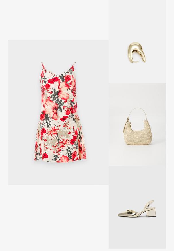 Květinové šaty bez rukávů s velkými červenými a žlutými květy na světle broskvovém pozadí, s těsným trupem a rozšířenou sukní.; Kovové zlaté pantofle na podpatku s špičatou špičkou a masivním podpatkem. Hladký povrch, minimalisticý design a úzký pásek.; Tkaná slámová kabelka v béžové barvě s zakřiveným tvarem, krátkým držadlem a bočním zipem. Vyznačuje se texturovaným povrchem a minimalistickým designem.; Náušnice ve zlatém tónu z kovu s elegantním zakřiveným designem. Vyznačují se jedinečným špičatým tvarem, lesklým povrchem a závěsem na kloub.