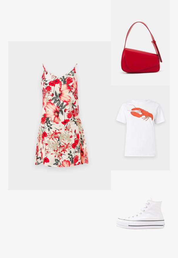 Gėlėta be rankovių suknelė su didelėmis raudonomis ir geltonomis gėlėmis ant šviesiai persikinio fono, su prigludusia liemene ir platėjančia sijonu.; Balta medvilnė marškinėliai su dideliu, ryškiu raudonu omaru grafiku priekyje. Trumpomis rankovėmis ir standartiniu apvaliu kaklu.; Balti aukštakulniai drobės sportbačiai su juodu guminio pado, priekinio guminio piršto dangteliu ir šešiais akytėmis raištams, pasižymintys švariu, minimalistiniu dizainu.; Raudona odinė rankinė su kampuota, geometrine forma. Pasižymi viena reguliuojama dirželiu ir dangteliu su siuvinėtais dekoracijomis.