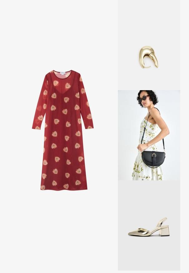 Ilga, raudona permatoma suknelė su apvaliu iškirpimu ir ilgomis rankovėmis. Yra išsibarsčiusios, siuvinėjamos rožinės ir geltonos širdelės.; Auksiniai, metaliniai slingback aukštakulniai bateliai su smailiu pirštu ir masyviu kulnu. Lygus paviršius, minimalizmo dizainas ir siaura juostelė.; Juodas odinis krepšys su išlenkta forma, nuimamu dirželiu ir auksiniais detalėmis. Krepšys turi kilpą su sagtimi.; Aukso tono metalinės auskarai su stilingu, kreiviu dizainu. Išsiskiria ryškiu smailiu pavidalu, poliruota paviršiumi ir užsegimu su vyriu.