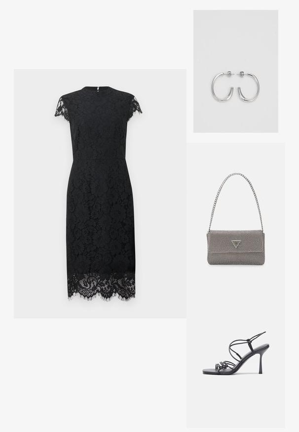 Rochie neagră din dantelă, cu mâneci scurte, guler înalt, siluetă ajustată și un model complicat de dantelă cu detalii franjurate la margine.; Sandale negre cu toc înalt au curele subțiri cu un design legat, un vârf pătrat neted și un toc stiletto elegant.; Geantă metalică gri deschis, cu un strap din lanț, decorată cu mici ținte circulare metalice și un logo de marcă triangular.; Cercei rotunzi din argint cu un finisaj neted și strălucitor. Design ușor, având o formă rotundă și închidere cu tijă.