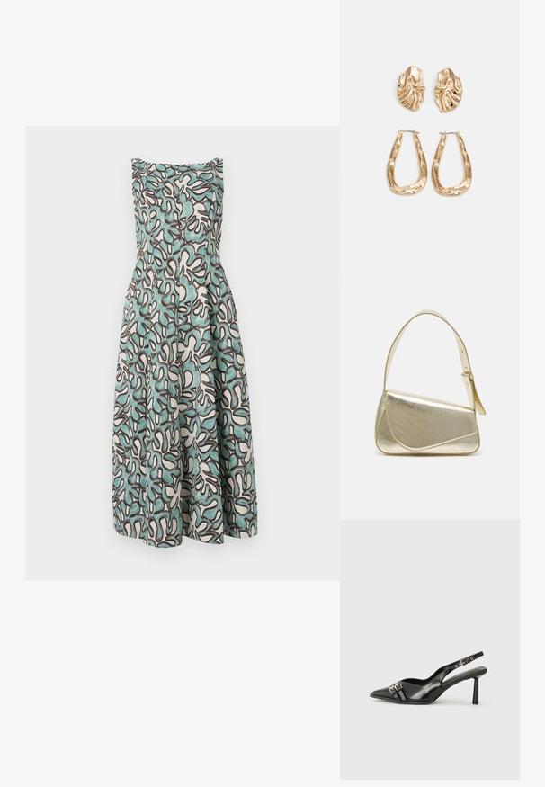Dopasowana sukienka bez rękawów z białą bazą i abstrakcyjnymi wzorami w odcieniach teal i ciemnego brązu, rozszerzająca się w talii z teksturowanym wykończeniem.; Czarne lakierowane buty typu slingback z ostrym noskiem, paskami na kostkach z srebrnymi klamrami i elementami metalowymi oraz smukłym obcasem.; Złota metaliczna torebka o strukturalnym designie, gładkiej powierzchni i regulowanym pasku. Charakteryzuje się unikalnym trójkątnym kształtem i minimalistycznym przeszyciem.; Złote kolczyki w odcieniu, prezentujące teksturowane, faliste kształty. Zawierają rzeźbiarskie klipsy i otwarty projekt kółek z młotkowanym wykończeniem.