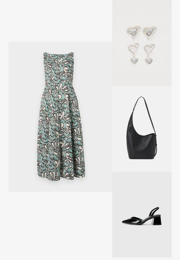 Een strak, mouwloos jurkje met een witte basis en abstracte teal- en donkerbruine patronen, die uitloopt bij de taille met een textuurafwerking.; Zwarte gepatineerde leren slingback hakken met een spitse neus en een geometrische blokhak. Kenmerkt zich door een slank, minimalistisch ontwerp en een gladde textuur.; Zwarte leren hobo tas met een gladde textuur, kromme vorm en een enkele verstelbare schouderband; heeft een brede opening aan de bovenkant.; Zilveren hartvormige oorbellen hebben facetteerbare heldere stenen en een textuurframe. De set bevat stud- en hangende stijlen.
