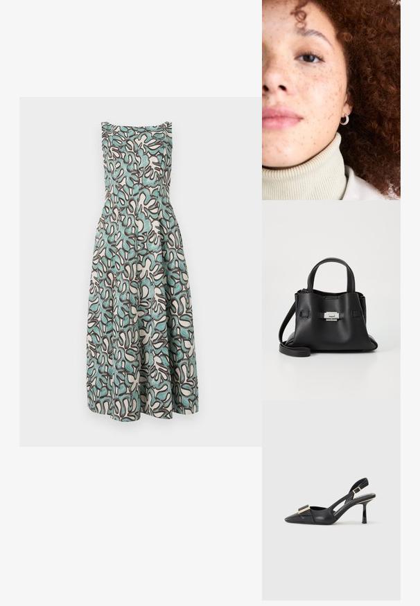 A fitted sleeveless dress featuring a white base with abstract teal and dark brown patterns, flaring at the waist with a textured finish.; Black leather slingback shoe with pointed toe, slender heel, and gold-tone hardware accent on the vamp. Smooth texture and structured design.; Black leather handbag with a textured finish, featuring two top handles, a detachable shoulder strap, and a silver clasp detail.; Close-up of a woman with curly reddish-brown hair wearing a cream turtleneck. Notable sparkling hoop earrings. Visible freckles on face.