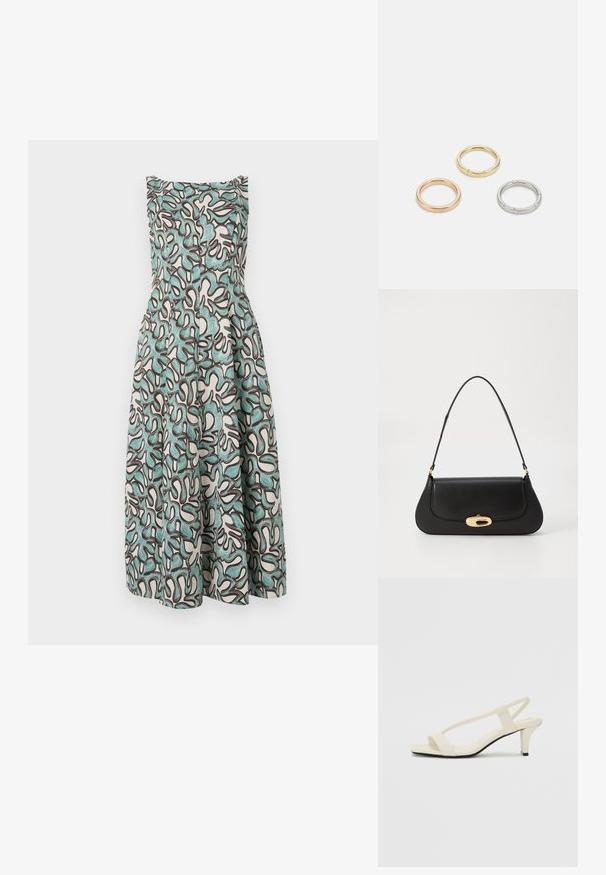 Prigludusi be rankovių suknelė, turinti baltą pagrindą su abstrakčiais teal ir tamsiai rudos spalvos raštais, platėjanti ties juosmeniu su tekstūruotu apdaila.; Kreminės blokų kulno šlepetės su plonomis dirželiais ir kvadratiniu pirštu. Lygus medžiaga su minimaliais akcentais, sukurtos lengvam dėvėjimui.; Juodas odinis rankinės su išlenktu dizainu, auksinių atspalvių furnitūra ir viršutine rankena. Savybės - stilingas uždarymas ir glotni tekstūra.; Trys metalinės žiedai: vienas rožinės aukso, vienas auksinis su tekstūruotais akcentais ir vienas sidabrinis, visi su įmintu ženklinimu vidinėje juostoje.