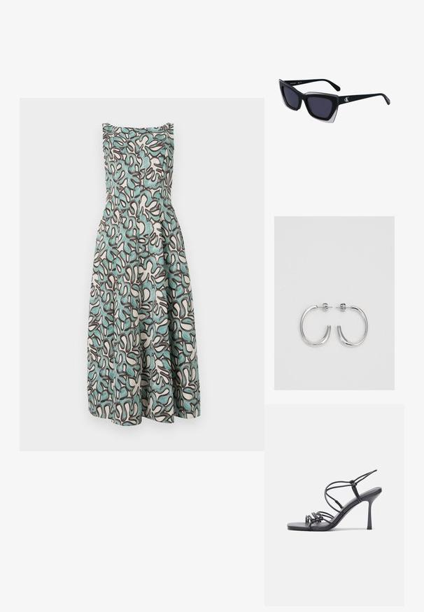O rochie ajustată fără mâneci, cu o bază albă și modele abstracte în nuanțe de teal și marron închis, care se lărgește la talie, având un finiș texturat.; Sandale negre cu toc înalt au curele subțiri cu un design legat, un vârf pătrat neted și un toc stiletto elegant.; Ochelari de soare supradimensionați, negri, cu o formă geometrică, având lentile întunecate și un detaliu gri contrastant pe ramă. Logo pe braț.; Cercei rotunzi din argint cu un finisaj neted și strălucitor. Design ușor, având o formă rotundă și închidere cu tijă.