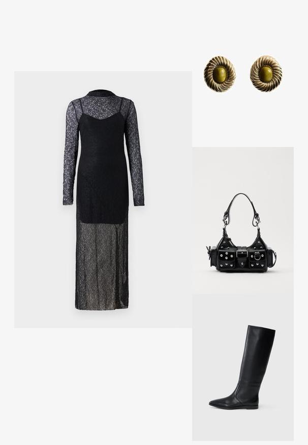 Čierne čipkované šaty s dlhými priesvitnými rukávmi, priliehajúcim korzetom a splývavou sukňou. Obsahujú kvetinové vzory a vysoký výstrih.; Čierna kožená čižma po kolená s špicatou špičkou a minimalistickým dizajnom. Hladký povrch a plochá podrážka, s diskrétnymi bočnými švami.; Čierna kožená kabelka s zakriveným dizajnom, doplnená striebornými cvočkami, prackou a dvoma bočnými vreckami. Nastaviteľný popruh poskytuje rôzne možnosti nosenia.; Náušnice zlatého tónu s dizajnom v tvare spirály a centrálnym olívovo-zeleným kameňom. Textúrované, s lesklým povrchom a okrúhlym tvarom.