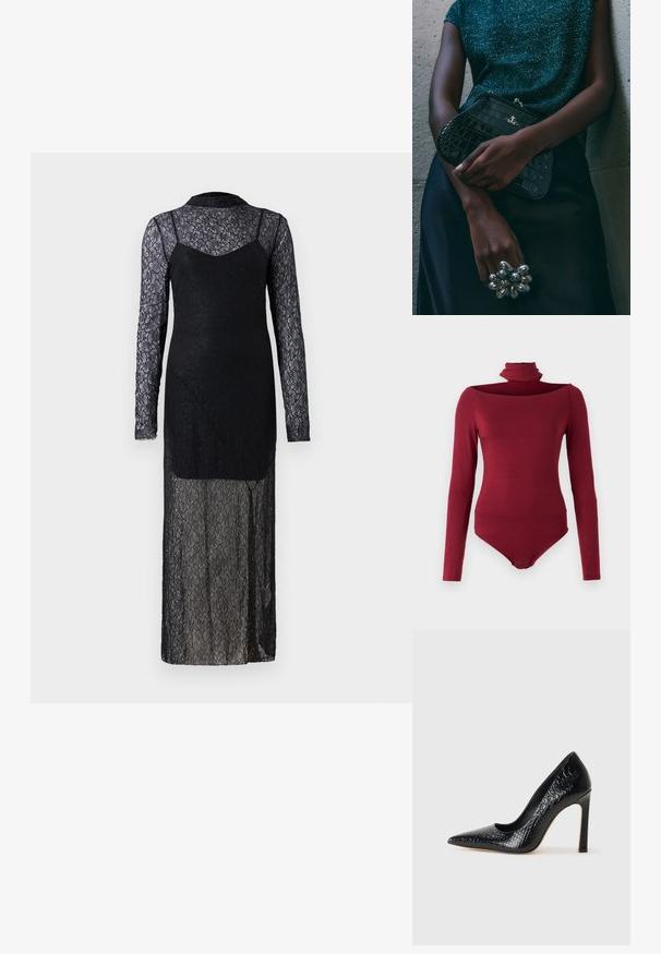 Čierne čipkované šaty s dlhými priesvitnými rukávmi, priliehajúcim korzetom a splývavou sukňou. Obsahujú kvetinové vzory a vysoký výstrih.; Body s dlhými rukávmi, vysokým golierom a off-shoulder dizajnom v jednoliatej burgundskej farbe. Vyrobené z mäkkej, elastickej látky.; Čierna lodička s špicatou špičkou a lakovanou textúrou krokodíla, s elegantným dizajnom, vysokým stiletto podpätkom a hladkým čiernym interiérom.; Čierna clutch kabelka s krokodílovým vzorom a striebornými kovovými prvkami, držaná proti textúrovanému sivému pozadiu. Má lesklý povrch.