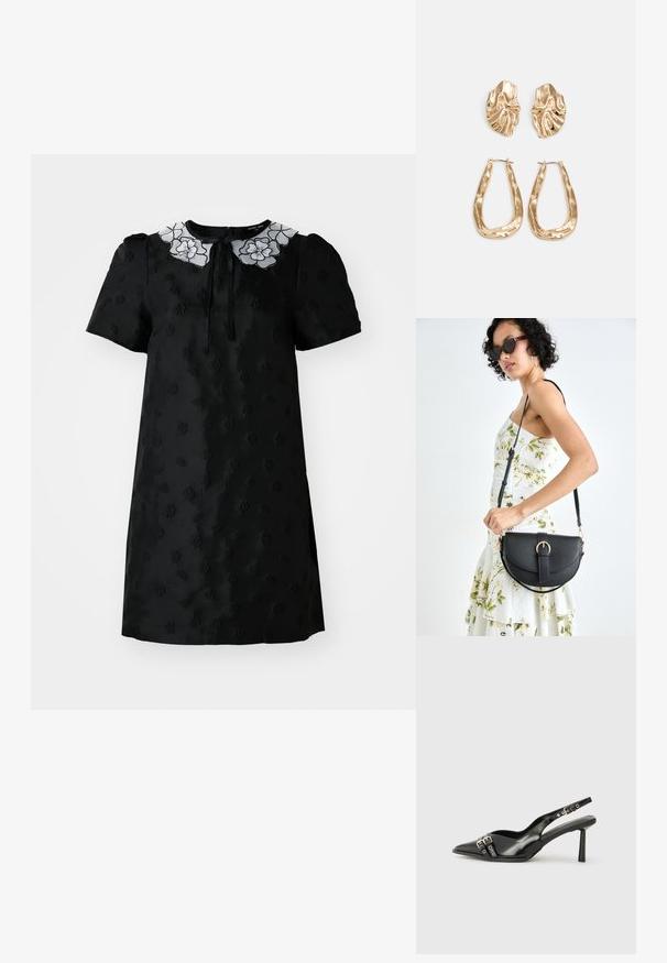 Vestido preto de manga curta com um padrão floral texturizado, gola bordada em branco e fecho de zip na parte de trás.; Sapato slingback preto em pele patentada com bico apontado, tiras no tornozelo apresentando fivelas e acessórios prateados, e um salto elegante.; Bolsa de couro preta com forma curva, alça destacável e detalhes em dourado. A bolsa possui uma aba com detalhe de fivela.; Brincos em tom de ouro com formas onduladas e texturizadas. Inclui studs escultóricos com presilha e um design de argola aberta com um acabamento martelado.