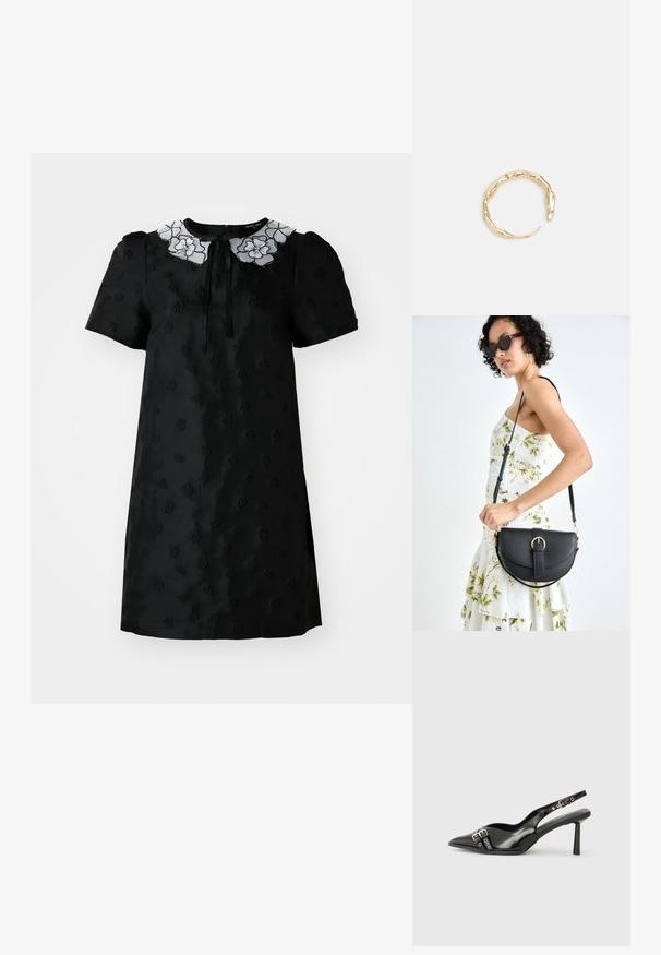 Juoda trumpa rankovė su tekstūruota gėlių raštu, balta siuvinėta apykakle ir užtrauktuku gale.; Juodas lakuotas odinis batelis su smailiu pirštu, kulkšnies dirželiais su sidabrinėmis sagtimis ir detalėmis, bei plonu kulnu.; Juodas odinis krepšys su išlenkta forma, nuimamu dirželiu ir auksiniais detalėmis. Krepšys turi kilpą su sagtimi.; Auksinės spalvos žiedas, turintis organišką, sukimosi dizainą su lygiu paviršiumi ir siaurėjančiais galais, sukuriantis modernią skulptūrinę išvaizdą.