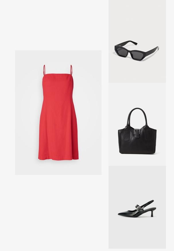 Gap Tall Freizeitkleid - slipper red; Schwarze Lackleder Slingback-Absätze mit spitzem Zeh und kleinem Blockabsatz, ausgestattet mit einem silbernen Schnallenakzent am Riemen.; Schwarze rechteckige Sonnenbrillen mit dicken Rahmen, dunklen Gläsern und kantigem Design. Glattes Plastikmaterial ohne sichtbare Muster oder Akzente.; Schwarze Leder-Tote mit glatter Textur, strukturiertem Design, zwei Griffen und einem auffälligen silbernen Schnallen-Detail auf der Vorderseite.; Silberner Doppelring mit einer glatten, polierten Oberfläche. Verfügt über ein fließendes, kurviges Design mit überlappenden Abschnitten für einen modernen Look.