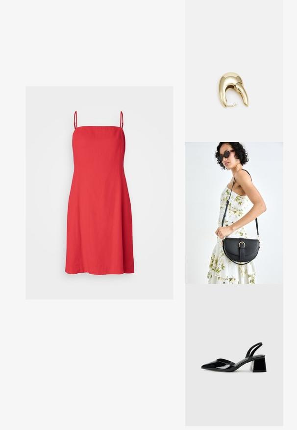 Gap Tall Denné šaty - slipper red; Čierne lakované kožené sandálové podpätky s špicatou špičkou a geometrickým blokovým podpätkom. Disponujú elegantným, minimalistickým dizajnom a hladkým povrchom.; Čierna kožená kabelka s zaobleným tvarom, odnímateľným popruhom a zlatými doplnkami. Kabelka má klopu s detailom s prackou.; Náušnice z kovu v zlatej farbe s elegantným, zakriveným dizajnom. Majú charakteristický špicatý tvar, leštený povrch a uzáver na pánt.