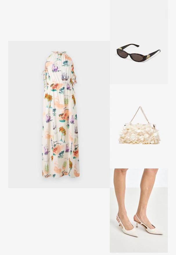 Rochie maxi dintr-un material ușor, cu un imprimeu maritim colorat ce prezintă nave, faruri și palmieri. Gât halter cu șnururi de ajustare.; Cizme slingback din piele vopsită bej, cu vârf ascuțit și toc de 5 cm, având laterale decupate și o curea subțire la gleznă.; Ochelari de soare din țiglă cu lentile ovale alungite, nuanță maro, accente cu logo auriu pe brațele laterale și brațe negre elegante.; Geantă albă cu flori, cu o suprafață din material adunat, bretea din lanț cu aspect auriu și închidere metalică. Prezintă petale texturate pentru un plus de detaliu.