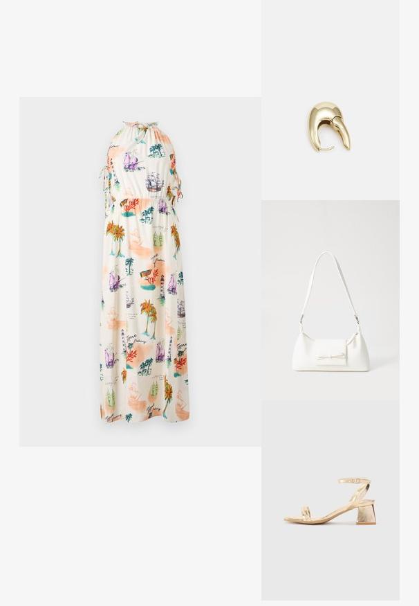 Maxi haljina od lagane tkanine s šarenim pomorskim uzorkom koji uključuje brodove, svjetionike i palme. Ovratnik na škare s vezicama.; Zlatne metalne sandale na petu s kutnim blok petom, dva remenska traka preko stopala i podesivim remenom oko gležnja. Glatka tekstura.; Bijela sintetička torbica s trokutastim oblikom, ravnim prednjim poklopcem i detaljem u obliku mašne, podesivom remenom, glatkom teksturom i minimalističkim dizajnom.; Zlatne metalne naušnice s elegantnim, zakrivljenim dizajnom. Imaju karakterističan šiljast oblik, poliranu površinu i zatvaranje na šarku.