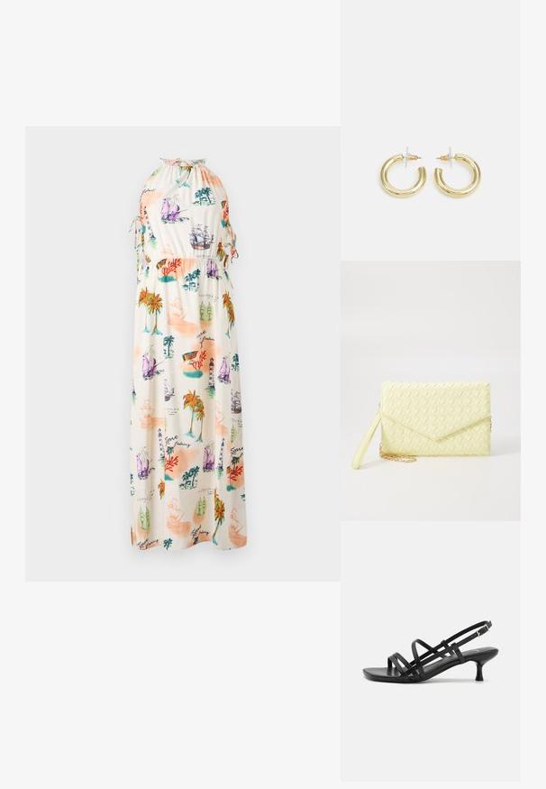 Maxi šaty z ľahkej tkaniny s farebnou námornou potlačou loďami, majákmi a palmami. S halter krkom a viazaním na šnúrky.; Čierne sandále na podpätku s viacerými prekríženými remienkami. Hladký materiál, špicatá špička a úzky podpätok. Nastaviteľný remienok okolo členka s prackou.; Žltý tkaný clutch peňaženka s preklápacím dizajnom, odnímateľným zápästným remienkom a zlatým reťazovým doplnkom. Hladký povrch a obdĺžnikový tvar.; Zlaté kruhové náušnice s hladkým, lesklým povrchom. Cirkulárny dizajn s malým steblom a jasným záznamom pre bezpečné nosenie.