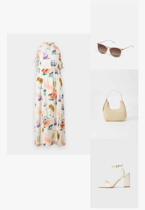 Maxi kjole i let stof med et farverigt maritimt print med skibe, fyrtårne og palmetræer. Halterneck med snorebinding.; Cremefarvede hæle med åben tå, tykk blokhæle, tynd ankelrem og en subtil glansfinish. Spændeaccent på remmen.; Brune gradient solbriller med en gennemsigtig pink stel, firkantet form og tynde metalarme. Har afrundede kanter og minimal dekoration.; Vævet stråhåndtaske i beige med en buet form, en kort håndtag og en sidelomme med lynlås. Har tekstureret overflade og minimalistisk design.