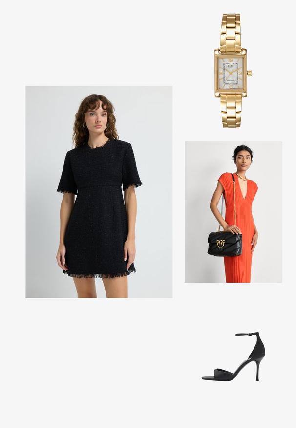 Czarna sukienka z tweedu, krótki rękaw, teksturowana tkanina, frędzlowy dół i dopasowana talia. Idealna na casualowe lub półformalne okazje.; Mango - Sandały na obcasie; Czarna skórzana torebka o pikowanej konstrukcji z złotymi elementami, z dekoracyjnym zapięciem. Torebka ma łańcuszkowy pasek i jest trzymana w dłoni.; Złoty prostokątny zegarek na nadgarstek z białą tarczą, srebrnymi znacznikami godzin i wytrzymałym metalowym bransoletą. Wbudowana funkcja wodoodporna.