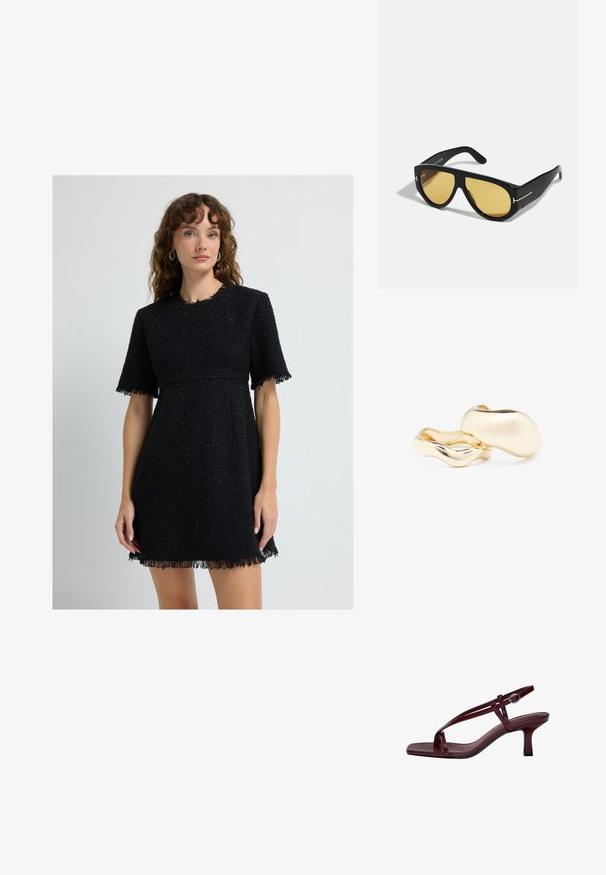 Zwart tweed jurk met korte mouwen, textuur stof, franjes aan de onderkant en een getailleerde taille. Ideaal voor casual of semi-formele gelegenheden.; Bordeaux hoge hakken sandalen met een vierkante teen, slanke banden en een gesp rond de enkel. Gladde leertextuur en een slanke, blokhak.; Zwarte zonnebril met een geometrisch montuur, gele lenzen en gouden accenten op de sleuven. Glad oppervlak, brede vorm, hedendaags ontwerp.; Gouden oorbellen met een organische, boonachtige vorm en een glad, reflecterend oppervlak; ze hebben een minimalistisch ontwerp zonder zichtbare bevestigingsmiddelen.