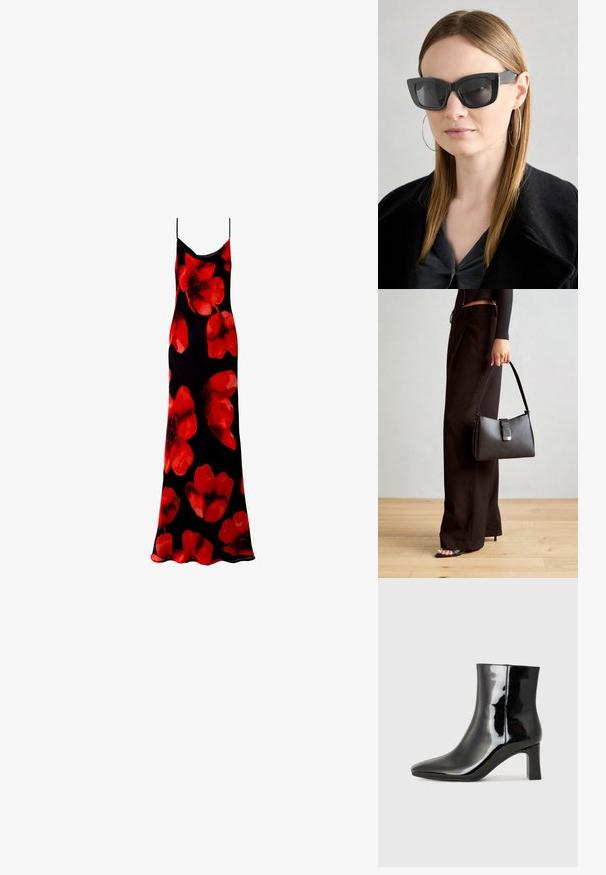 Vestido maxi sin mangas de color negro con un patrón floral de grandes flores rojas. Tejido suave y ligero con una silueta fluida.; Botín de charol negro con punta afilada y un tacón de bloque de altura media. Textura suave y diseño minimalista.; Gafas de sol de gato negro con lentes oscuros, montura gruesa y acentos sutiles. Llevadas con un abrigo negro y una blusa gris, presentando cabello largo y liso.; Bolso negro con forma estructurada, textura suave y un cierre metálico. Combinado con pantalones anchos negros y sandalias de dedo en un suelo de madera.