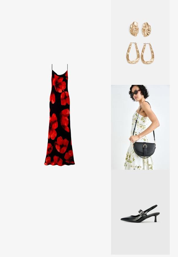 Schwarzes ärmelloses Maxikleid mit einem floralen Muster aus großen roten Blumen. Glattes, leichtes Material mit einer fließenden Silhouette.; Schwarze Lackleder Slingback-Absätze mit spitzem Zeh und kleinem Blockabsatz, ausgestattet mit einem silbernen Schnallenakzent am Riemen.; Schwarze Lederhandtasche mit geschwungener Form, abnehmbarem Tragegurt und goldenen Beschlägen. Die Tasche verfügt über einen Deckel mit einer Schnallen-Details.; Ohrringe in Goldoptik mit strukturierten, gewellten Formen. Beinhaltet skulpturale Clip-Ohrringe und ein offenes Hoop-Design mit gehämmertem Finish.