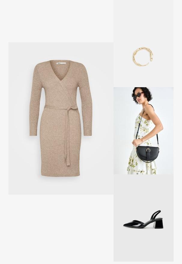 Bežinė rankinė mezgininė suknelė su ilgomis rankovėmis, V iškirpte ir surišamu juosmeniu. Lygus paviršius, prigludęs dizainas, vidutinio ilgio sijonas.; Juodos lakuotos odinės šlepetės su smailiu pirštu ir geometriniu bloko kulnu. Turi elegantišką, minimalistinį dizainą ir lygų paviršių.; Juodas odinis krepšys su išlenkta forma, nuimamu dirželiu ir auksiniais detalėmis. Krepšys turi kilpą su sagtimi.; Auksinės spalvos žiedas, turintis organišką, sukimosi dizainą su lygiu paviršiumi ir siaurėjančiais galais, sukuriantis modernią skulptūrinę išvaizdą.