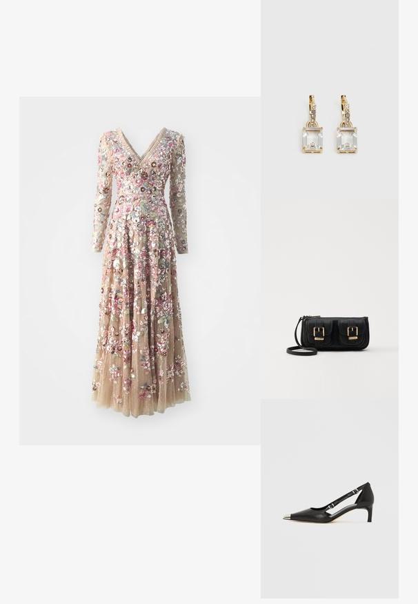 Needle & Thread SEQUIN PARADISE LONG SLEEVE GOWN - Occasion wear - sand; Black leather kitten heel with pointed silver toe cap and dual buckle straps on a white background.; Black leather crossbody bag with two front pockets, gold buckles, zipper closure, and a slim strap. Textured surface and compact rectangular shape.; Gold-tone earrings featuring a rectangular, clear crystal dangling below a row of small, round clear accents. Sleek, modern design.