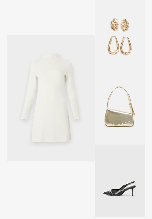 Rochie albă cu dungi, guler înalt și mâneci lungi, cu o siluetă conică care se lărgește ușor la tiv. Textură moale.; Pantofii slingback din piele lăcuită neagră, cu vârf ascuțit, bretele pentru gleznă cu catarame și accesorii din argint, și un toc subțire.; Geantă de umăr metalică aurie cu un design structurat, textură netedă și curea reglabilă. Prezintă o formă triangulară unică și cusături minimaliste.; Cercei aurii cu forme texturate și ondulate. Include studs sculpturale cu clip și un design de cerc deschis cu un finisaj cioplit.
