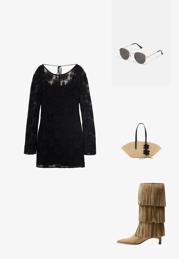 Crna čipkasta haljina dugih rukava, s ovalnim izrezom i detaljem vezivanja na leđima. Lagana, teksturirana pletenina prekriva tkaninu, stvarajući prozračan efekt.; Kratka čizma od tan sueda s tri sloja rese. Oštri vrh i niska blok peta. Glatka tekstura kroz cijelu čizmu.; Okvir okruglih sunčanih naočala sa tamnim staklima, tankim zlatnim metalnim okvirom, plastičnim vrhovima za uši i podesivim nosnim jastučićima. Minimalistički dizajn s klasičnim izgledom.; Torba od slame s širokim, oblikom ventila, crnim kožnim ručkama i crnim cvjetnim detaljima s jedne strane.