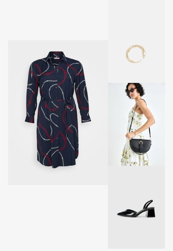 Tommy Hilfiger Curve SOFT SHIRT DRESS - Tričkové šaty - navy; Čierne lakované kožené sandálové podpätky s špicatou špičkou a geometrickým blokovým podpätkom. Disponujú elegantným, minimalistickým dizajnom a hladkým povrchom.; Čierna kožená kabelka s zaobleným tvarom, odnímateľným popruhom a zlatými doplnkami. Kabelka má klopu s detailom s prackou.; Prsteň v zlatej farbe s organickým, skrúteným dizajnom, hladkým povrchom a zužujúcimi sa koncami, vytvárajúci moderný, sochársky vzhľad.