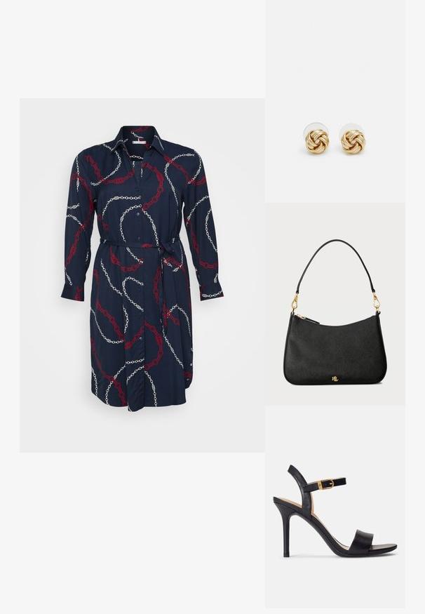 Tommy Hilfiger Curve SOFT SHIRT DRESS - Kreklkleita - navy; Melni augstpapēžu sandales ar gludu ādas augšdaļu, atvērtu purngalu un vienas siksniņas dizainu ar zelta sprādzi.; Melna ādas rokassoma ar strukturētu dizainu, kas aprīkota ar rāvējslēdzēju, noņemamu siksnu un zelta aparatūras akcentiem.; Zeltītu mezgla auskari ar vērptu dizainu. Katrs auskaru pāris ir aprīkots ar apaļu caurspīdīgu atbalstu drošai nēsāšanai.