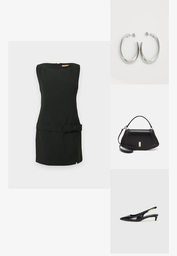 Black sleeveless dress made from smooth fabric, featuring a fitted silhouette, side slit, and a bow accent at the waist. Back zipper closure.; Black leather slingback heels with a pointed toe, featuring a slim heel and a gold-tone accent on the adjustable strap. Smooth texture.; Black leather handbag with a structured design, featuring a cropped shape, top handle, and gold hardware accent. Adjustable shoulder strap included.; Silver hoop earrings with a smooth, curved design. Features a shiny metallic finish and stud closure. No visible patterns or accents.