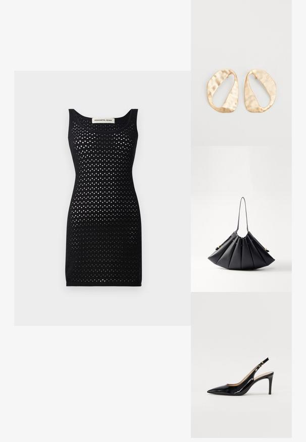 Fekete kötött ruha hálós textúrával, lekerekített nyakkivágással és testhezálló fazonnal. Kiemeledő tulajdonsága a végigfutó nyitott pöttyös minta.; Fekete lakk bőr kötött magassarkú cipő, hegyes orral és karcsú sarokkal, finom kivágásos dizájnnal. Az övön arany csatt található.; Fekete redős kézitáska sima bőrből, egyetlen fogantyúval, arany díszítéssel és geometrikusan alakított formával.; Egy pár szabálytalan, ovális formájú, aranyszínű fém fülbevaló, enyhén kalapált felülettel, fehér háttéren.