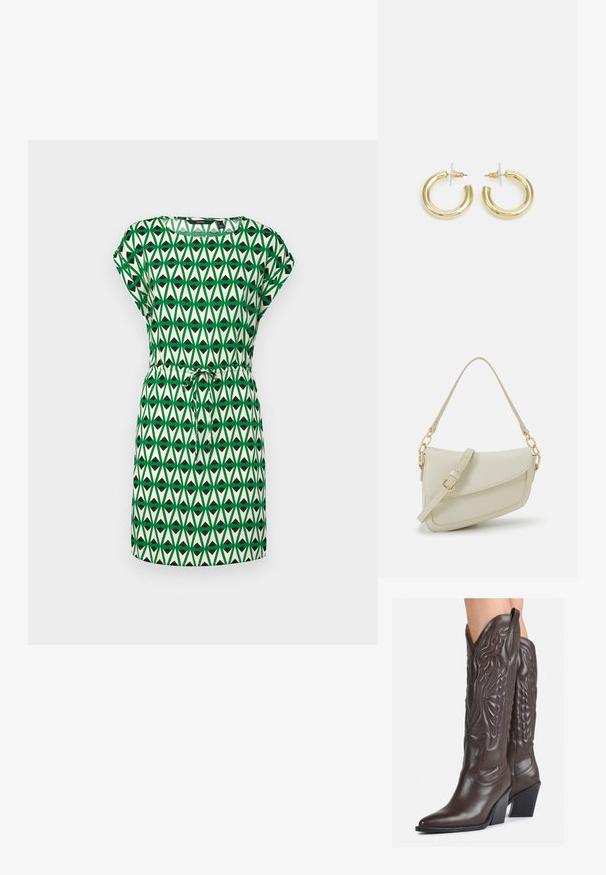 Zelené a krémové šaty se geometrickým vzorem a trojúhelníkovými tvary. Krátké rukávy a stahovací pas pro nastavitelné přizpůsobení.; Hnědé kožené kovbojské boty s špičatou špičkou a blokovým podpatkem, se zdobným prošíváním a vyvýšenými akcenty na nárazu.; Malá krémová kabelka s texturovaným povrchem, dlouhým nastavitelným popruhem, řetízkovým akcentem a klopou. Ozdobné detaily zlaté barvy.; Zlaté kruhové náušnice s hladkým, lesklým povrchem. Kruhový design s malým kolíčkem a průhledným záznamem pro bezpečné nošení.