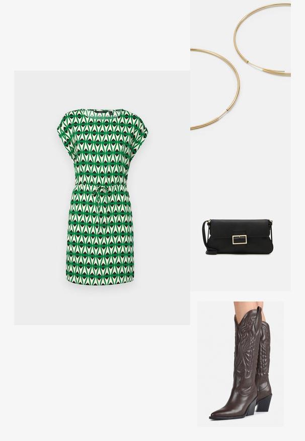 Zeleno-krémové šaty s geometrickým vzorom a trojuholníkovými tvarmi. Krátke rukávy a elastický pás pre prispôsobiteľnú veľkosť.; Hnedé kožené kovbojské topánky s špicatou špičkou a blokovým podrážkou, so zložitým prešívaním a vyvýšenými akcentmi na puzdre.; Čierna kožená clutch taška s klopou a zlatým kovovým detailom s prackou. Obsahuje čierny remienok a elegantný, minimalistický dizajn.; Zlaté kruhové náušnice, tenké a okrúhleho tvaru, s hladkým kovovým povrchom a bez ozdôb alebo vzorov.