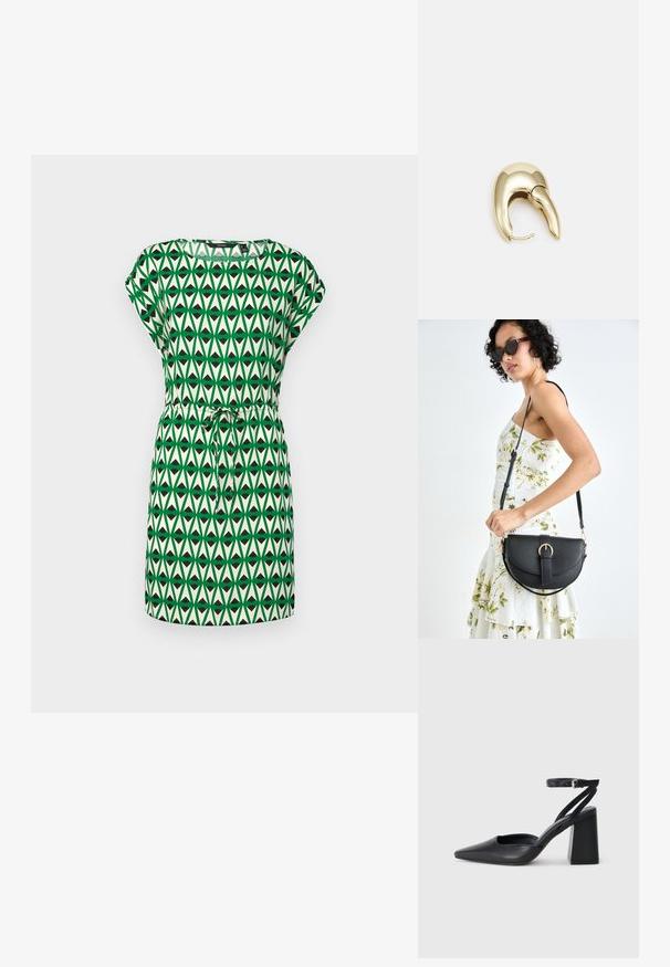 Rochie verde și crem cu un model geometric format din forme triangulare. Mâneci scurte cu un cordon la talie pentru un ajustaj personalizat.; Pantofii cu toc ascuțit din piele neagră, cu breteaua pentru glezne și toc gros. Textură netedă, design elegant și estetică minimală.; Geantă din piele neagră, cu o formă curbată, curea detașabilă și accesorii aurii. Geanta are un capac cu un detaliu tip cataramă.; Cercei din metal de culoare aurie cu un design elegant și curbat. Prezintă o formă distinctivă, ascuțită, o suprafață lustruită și un sistem de închidere cu balama.