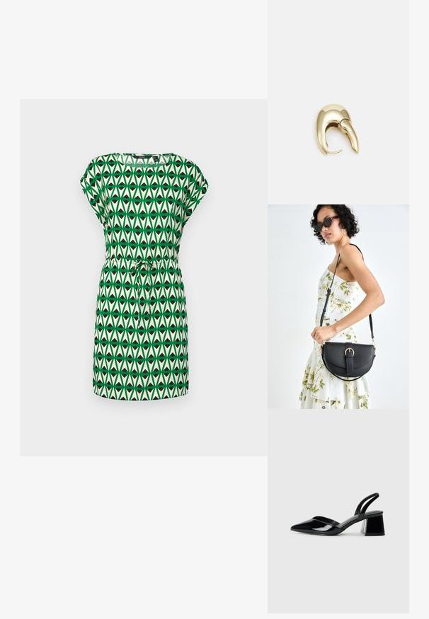 Grön och krämfärgad klänning med ett geometriskt mönster i triangulära former. Korta ärmar med dragsko i midjan för en justerbar passform.; Svarta lackläder slingback klackar med spetsig tå och geometrisk klack. Har en elegant, minimalistisk design och slät yta.; Svart läderhandväska med en böjd form, avtagbar rem och guldiga detaljer. Väskan har ett lock med en spänndetalj.; Örhänge i guldtonad metall med en elegant, böjd design. Har en distinkt spetsig form, polerad yta och gångjärnslås.