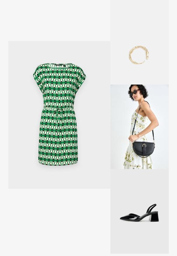 Zelena in krem obleka s geometrijskim vzorcem, ki vsebuje trikotne oblike. Kratki rokavi in pas z vrvico za nastavljiv kroj.; Črne lakirane slingback pete s koničastim nosom in geometrijsko blokasto peto. Imajo eleganten, minimalističen dizajn in gladko teksturo.; Črna usnjena torbica s ukrivljeno obliko, z odstranljivo naramnico in zlatimi dodatki. Torbica ima pokrov s podrobnostmi v obliki zaponke.; Zlati prstan s organskim, zvitim dizajnom, gladko površino in taperiranimi konci, ki ustvarja modernega, skulpturalnega videza.