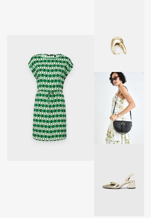 Grønn og kremfarget kjole med et geometrisk mønster av trekantformer. Korte ermer med snor i midjen for justerbar passform.; Gull, metallisk slingback-hæler med spiss tå og chunky hæl. Glatt tekstur, minimalistisk design og en smal stropp.; Svart lærveske med en buet form, avtagbar stropp og gullbeslag. Vesken har et klaff med spenne-detall.; Gullfarget metalløredobber med et elegant, buet design. Har en karakteristisk spiss form, polert overflate og hengsel-lukking.