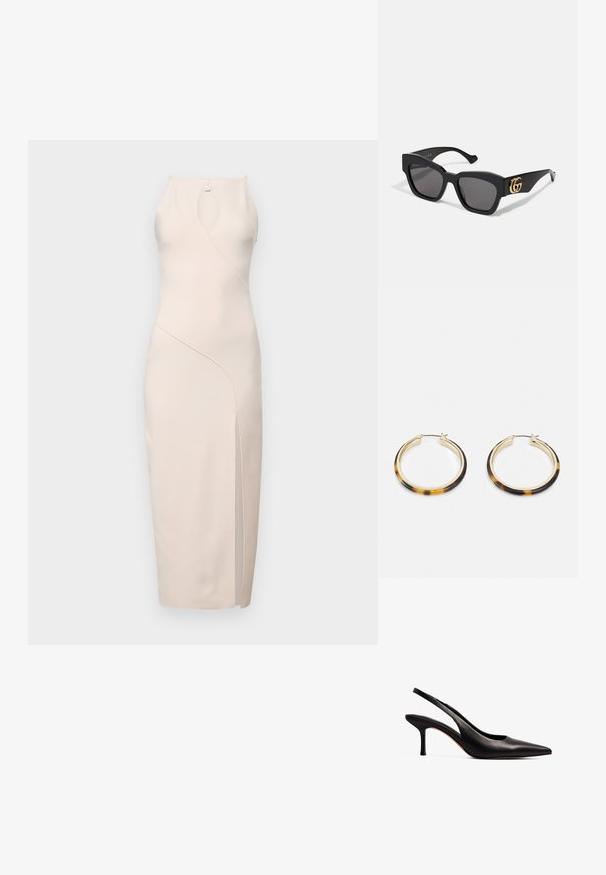 Bec + Bridge MARIELLE piaskowy; NA-KD - Czółenka; Czarne prostokątne okulary przeciwsłoneczne z ciemnymi soczewkami, z złotym logo GG po boku. Wykonane z błyszczącego plastiku z prostymi zausznikami.; Złocone kolczyki w kształcie kół z zewnętrzną krawędzią pokrytą wzorem w muszki, charakteryzujące się gładkim wykończeniem i eleganckim, okrągłym kształtem.