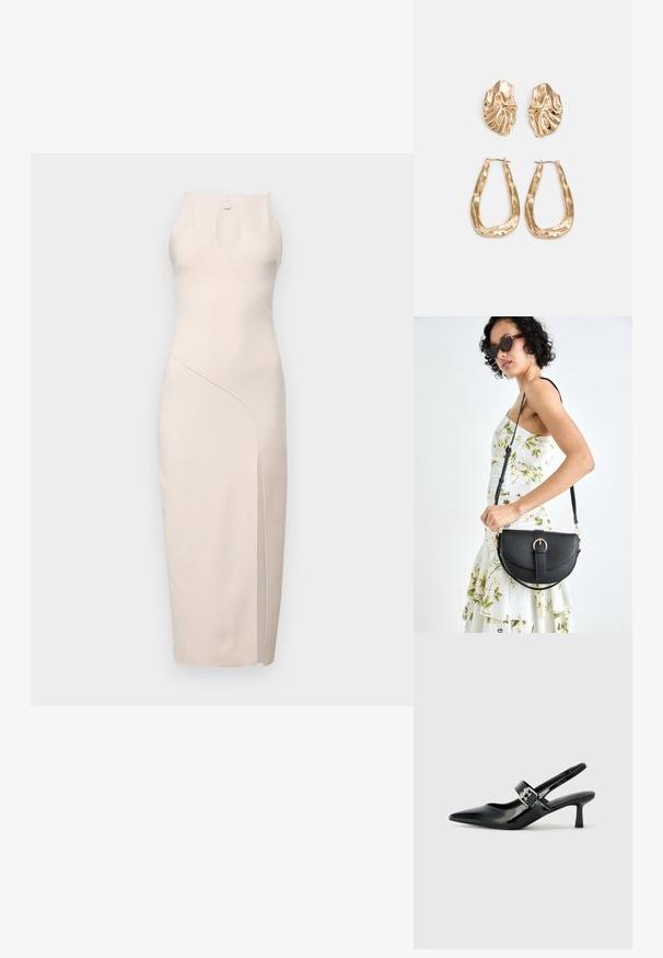Bec + Bridge MARIELLE SPLIT DRESS - Jersey dress - vanilla; Black patent leather slingback heels with a pointed toe and a small block heel, featuring a silver buckle accent on the strap.; Black leather handbag with a curved shape, detachable strap, and gold hardware. The bag features a flap with a buckle detail.; Gold-tone earrings featuring textured, wavy shapes. Includes sculptural clip-on studs and open hoop design with a hammered finish.