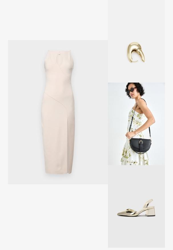 Bec + Bridge MARIELLE SPLIT DRESS - Žerzejové šaty - vanilla; Kovové zlaté pantofle na podpatku s špičatou špičkou a masivním podpatkem. Hladký povrch, minimalisticý design a úzký pásek.; Černá kožená kabelka s křivkovým tvarem, odnímatelným popruhem a zlatými detaily. Kabelka má klopu s přezkou.; Náušnice ve zlatém tónu z kovu s elegantním zakřiveným designem. Vyznačují se jedinečným špičatým tvarem, lesklým povrchem a závěsem na kloub.