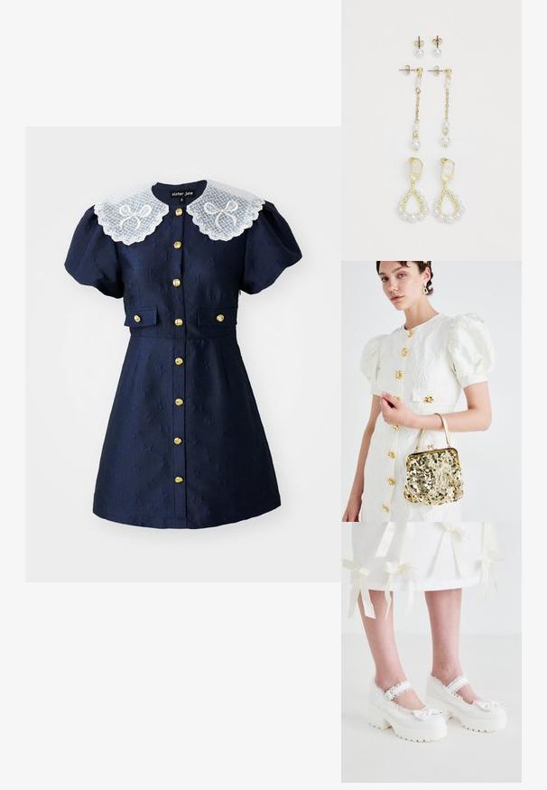 Vestido azul-marinho com mangas curtas em balão, um colarinho de renda branca, tecido texturizado e detalhes em botões dourados na frente e nos bolsos.; Koi Footwear TIRA RUFFLE MARY JANES PORCELAIN DELIGHTS EDITION - Saltos plataforma - white; Vestido branco com mangas bufantes, adornado com flores e detalhes em dourado, combinado com uma bolsa dourada de lantejoulas com um fecho vintage.; Brincos em tom dourado com dois designs de pérolas. Um par tem fecho de pino; o outro é em estilo pendente com uma corrente e pérolas adicionais.