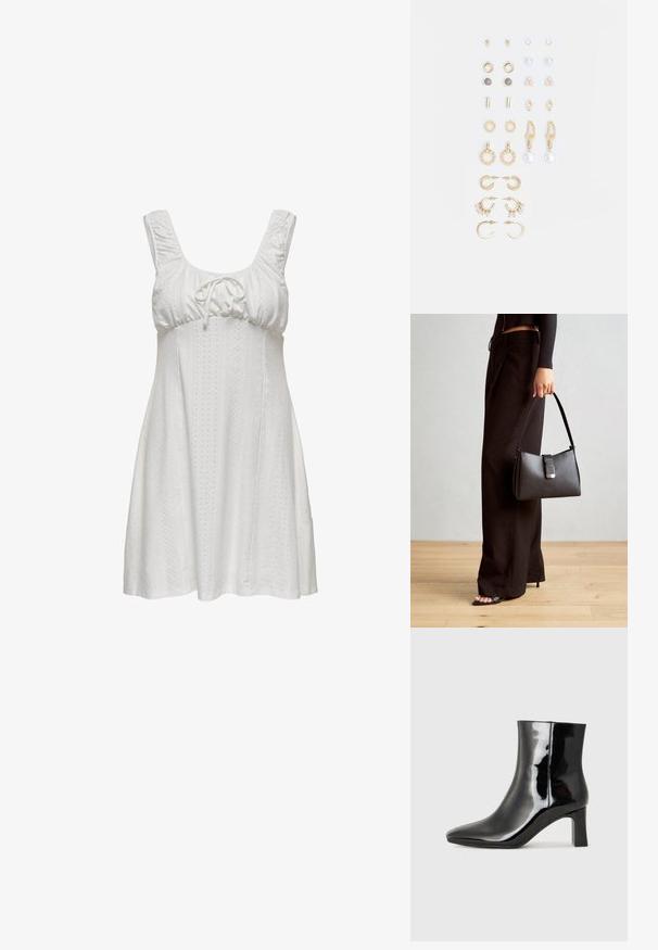 Balta bezpiedurkņu kleita ar savilkta dekoltē, saites detaļu un teksturētu audumu, kas rotāts ar acs rakstiem. Plati izplesta silhouette ar maigiem līkumiem.; Melnas patentētas ādas potīšu zābaki ar norādītu pirkstu un vidēja augstuma kvadrātveida papēdi. Gluda tekstūra un minimālisma dizains.; Melnā somiņa ar strukturētu formu, gludu tekstūru un metālu sprādzi. Saskaņota ar platām melnām biksēm un sandālēm ar atvērtu purngalu uz koka grīdas.; Zeltainā tonī auskari, kas iekļauj dažādus dizainus, tostarp pīrsingu, gredzenus un karājošus elementus ar pērlēm un rhinestones.